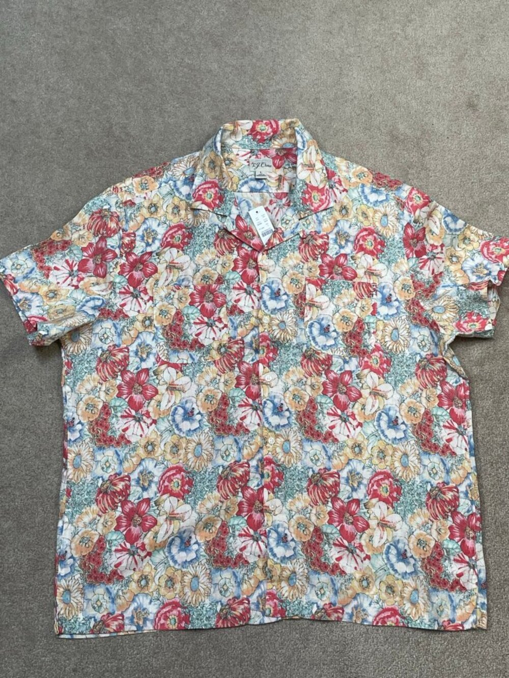 j crew Men hawaiian floral linen Button Down Short Sleeve shirt Size L